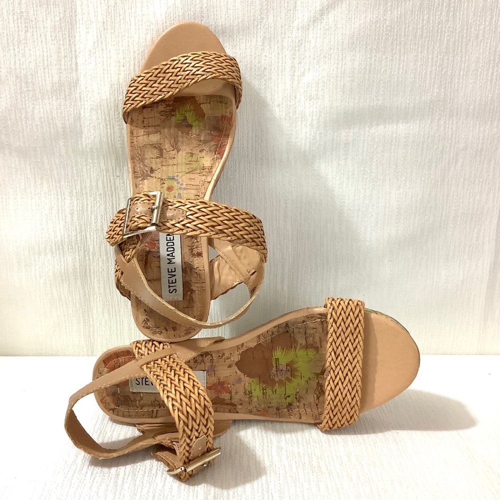 STEVE MADDEN “Buttercup” Printed Cork Wedge Sandals - Picture 1 of 10